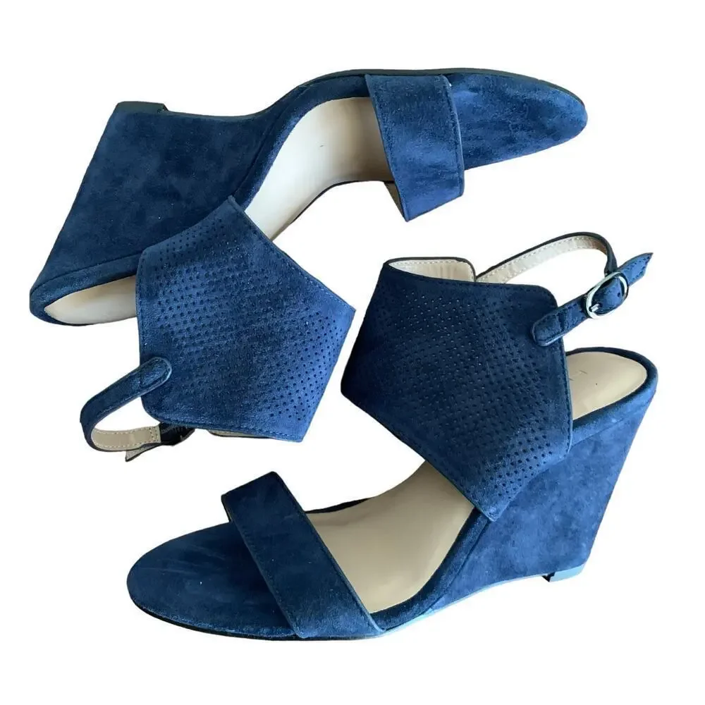 H by Halston Suede Open Toe Wedge Navy Blue McKenzie Sandals Size 5.5 NWOT